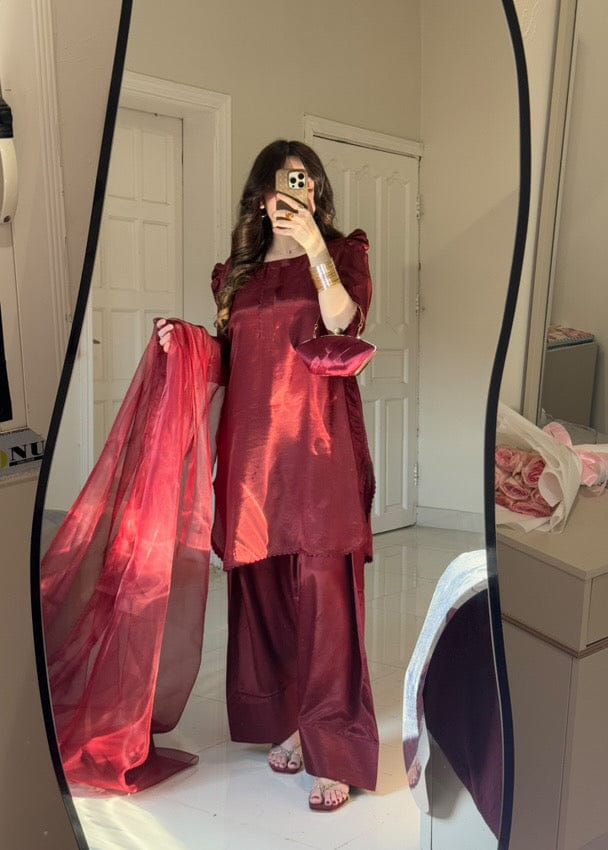SILK MAHROON LUXURY 3PC WITH FARSHI SHALWAR